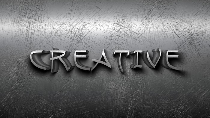 3D text "CREATIVE" on a scratched metal background