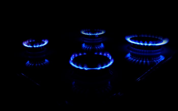 Blue gas stove flames in darkness