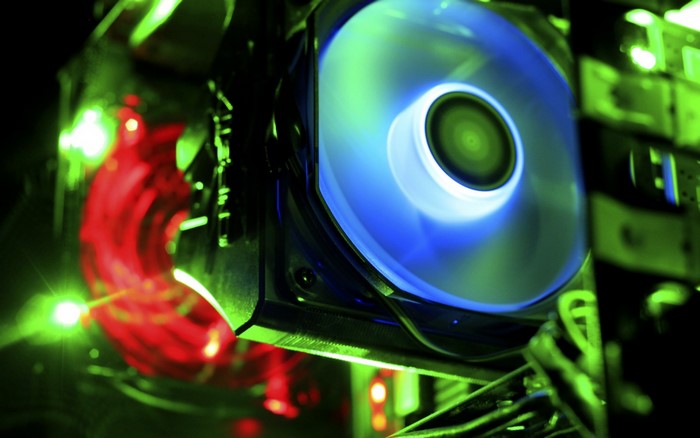 Computer cooling fan with green and blue lights