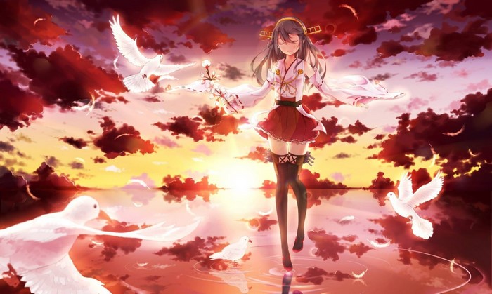 Shimotsuki from Kantai Collection with doves at sunset