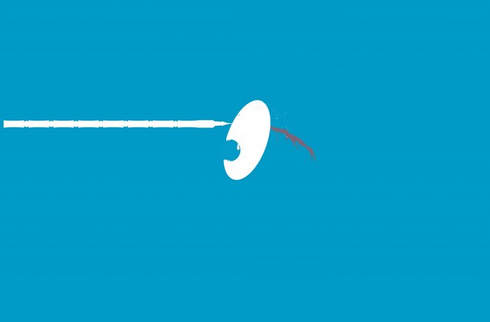 Abstract illustration of a needle injecting into an oval shape with red liquid