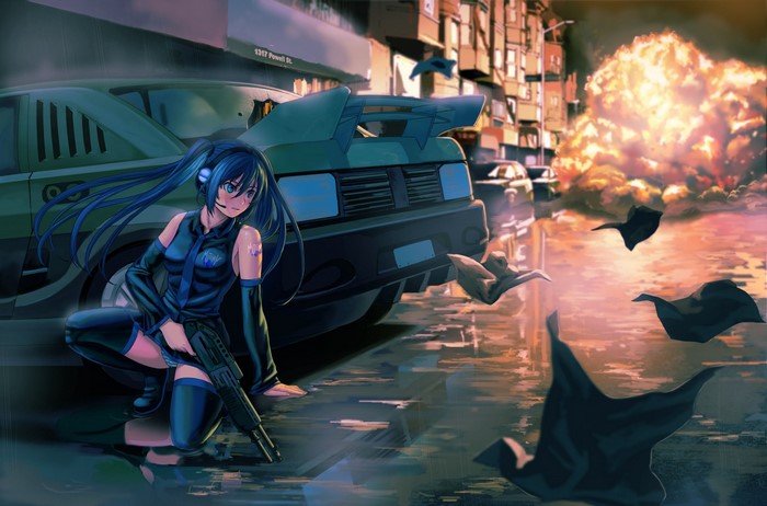 Hatsune Miku with a gun during an explosion