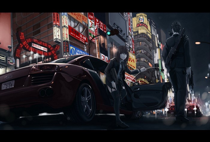 Anime characters with guns by Audi R8 in Tokyo at night