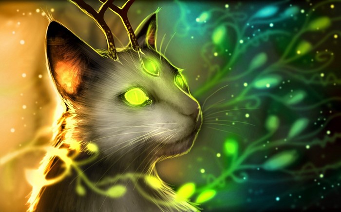 Fantasy cat with glowing green eyes and antlers