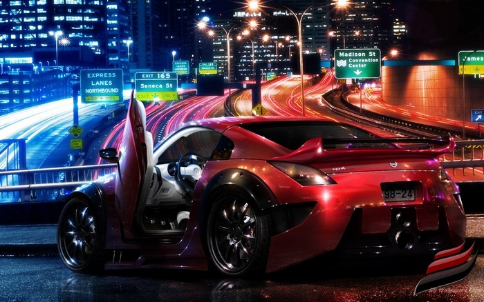 Red Nissan 350Z with butterfly doors on a highway at night