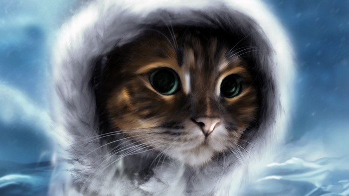 Close up painting of a cat in a fur hood