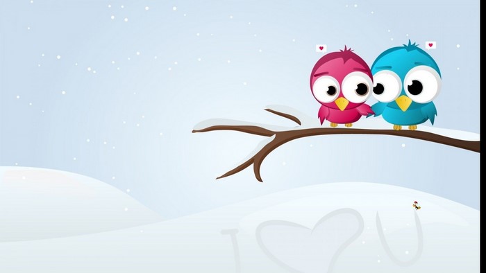 Two cartoon birds on a snowy branch
