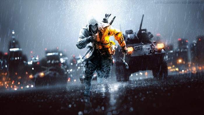 Assassin's Creed character in a futuristic city during a rainstorm