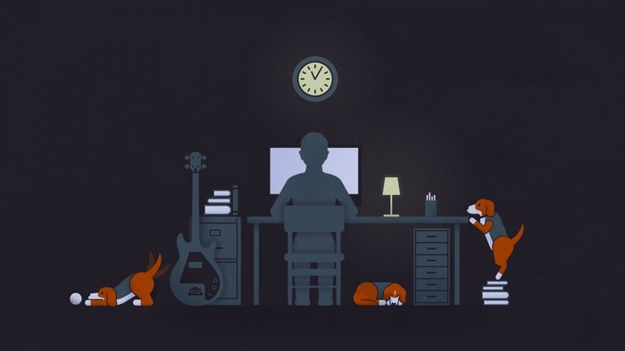 Minimalist illustration of a person working at a desk with dogs