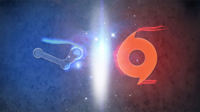 Steam and Origin logos in space with light beam