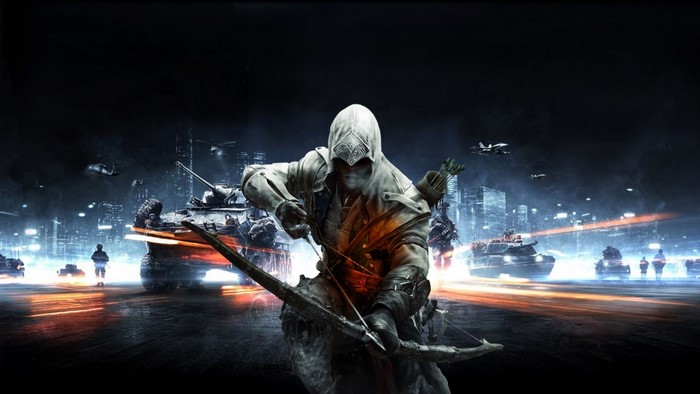 Assassin from Assassin's Creed with bow and arrow in a war-torn city