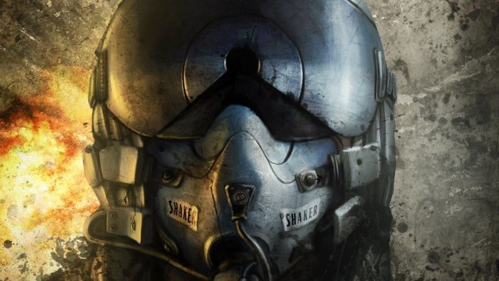 Pilot helmet with "SHAKER" text and explosion