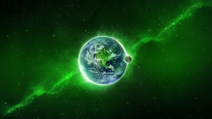 Earth and Moon in a green nebula