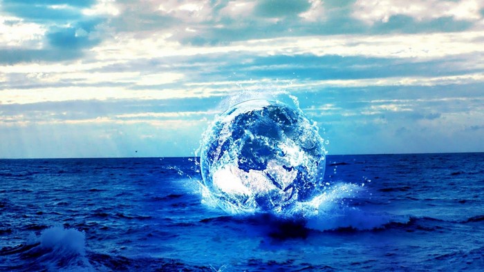 Earth globe made of water in the ocean