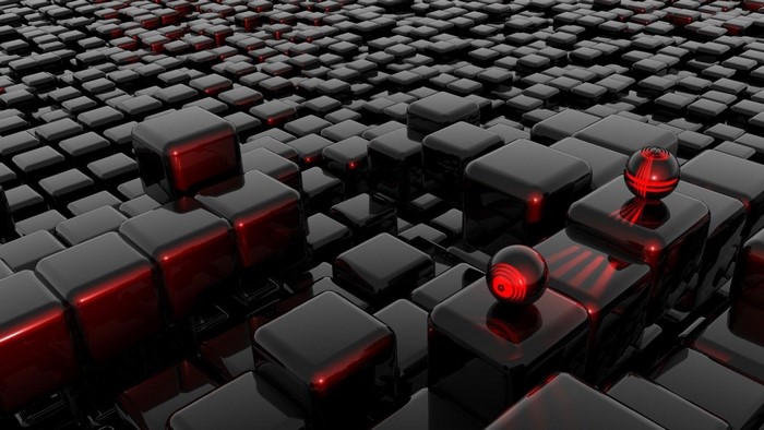 Abstract 3D render of black cubes with red glowing spheres