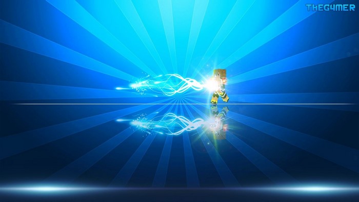 Minecraft character shooting light beams