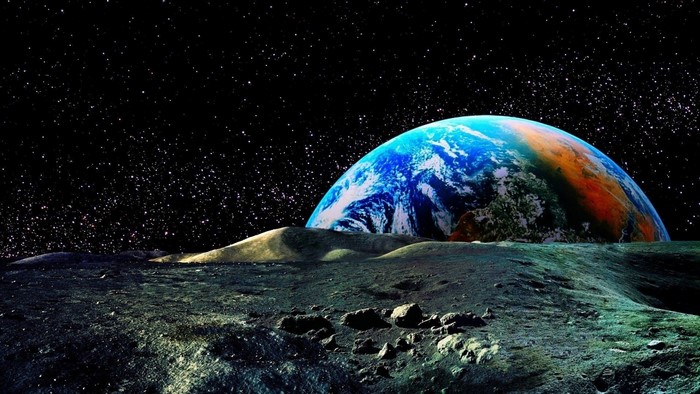 Earth rising over the Moon's surface with stars