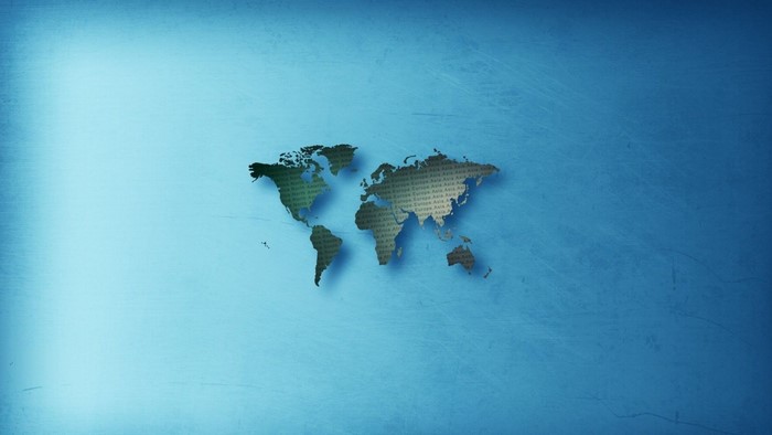World map with continents labeled on a blue textured background