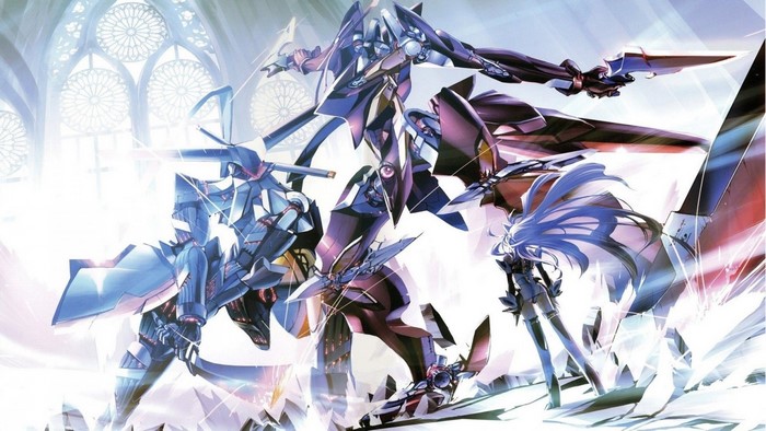Anime mecha battle with swords and female pilots