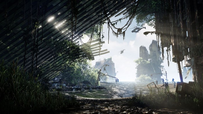 Post-apocalyptic jungle with helicopters and ruins