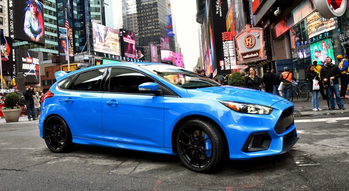 Blue Ford Focus RS 2016 hatchback in Times Square