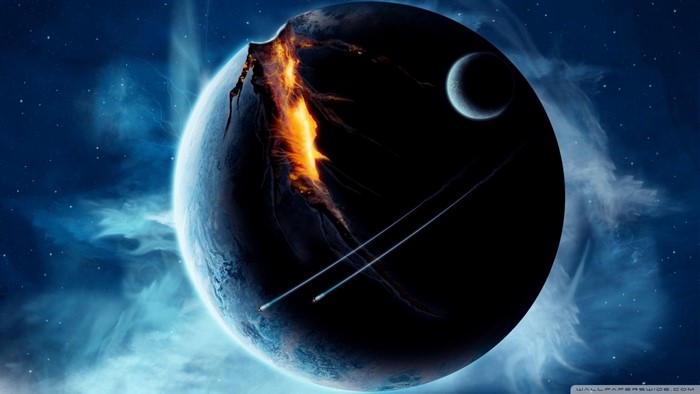 Cracked planet with molten core and moon in space