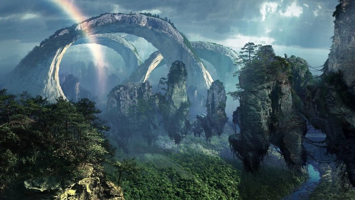 Fantasy landscape with floating islands and arches