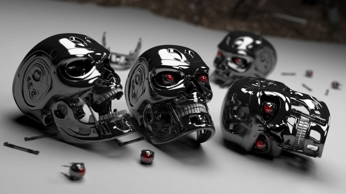 Terminator skulls with red eyes on a white surface