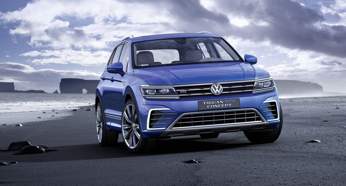 Blue Volkswagen Tiguan GTE Concept car on a beach