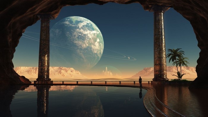 Alien planet landscape with a large planet in the sky