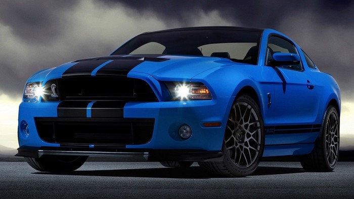Blue Ford Shelby Mustang GT500 with Black Stripes