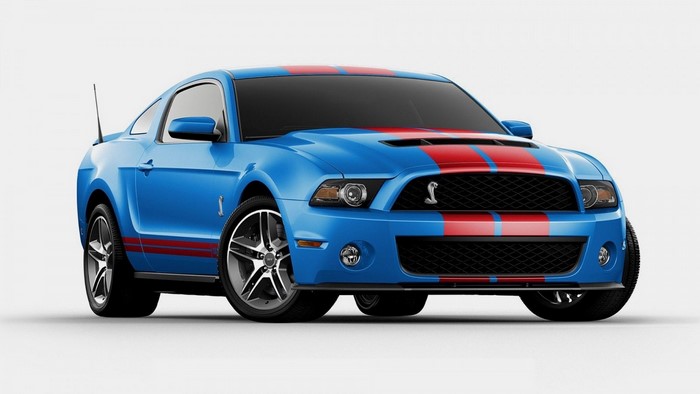 Blue Ford Mustang Shelby GT500 with red stripes