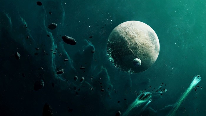 Digital art of planets and asteroids in space
