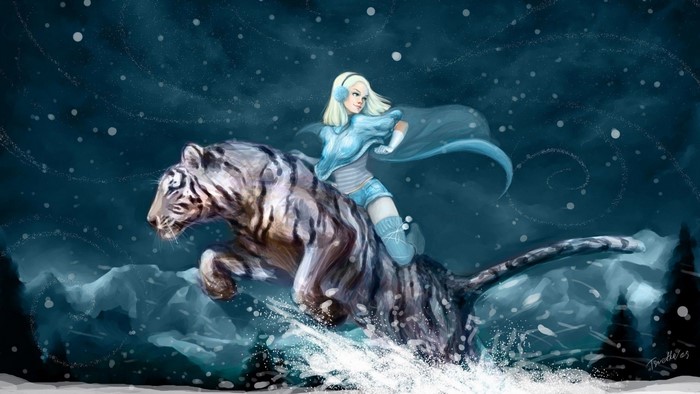 Fantasy Illustration of Woman Riding White Tiger in Snow
