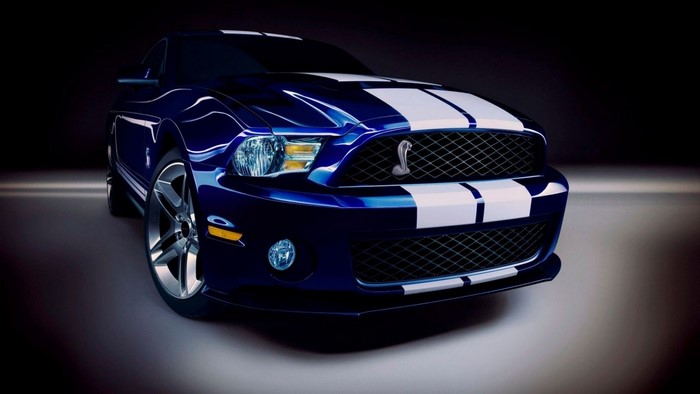 Blue Ford Shelby Mustang GT500 with White Stripes