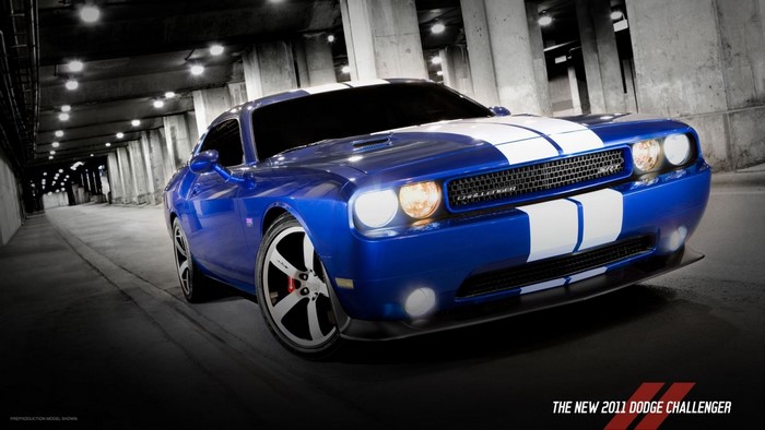 Blue 2011 Dodge Challenger SRT with white stripes