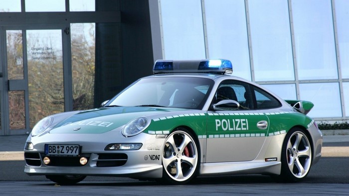 Porsche police car with blue lights