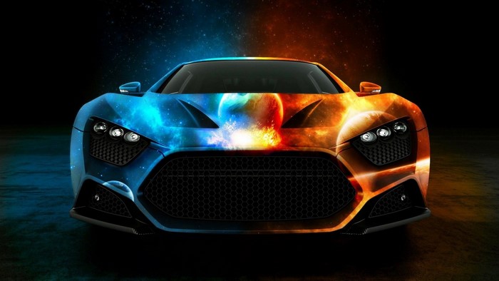 Sports car with cosmic blue and fiery orange design