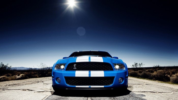 Blue Ford Shelby Mustang GT500 in desert