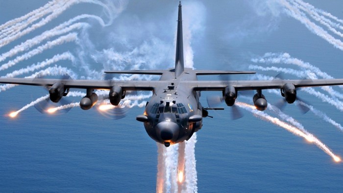 AC-130 Gunship Deploys Flares Over the Ocean