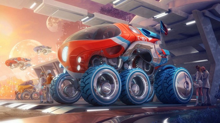 Futuristic rover with people and flying vehicles