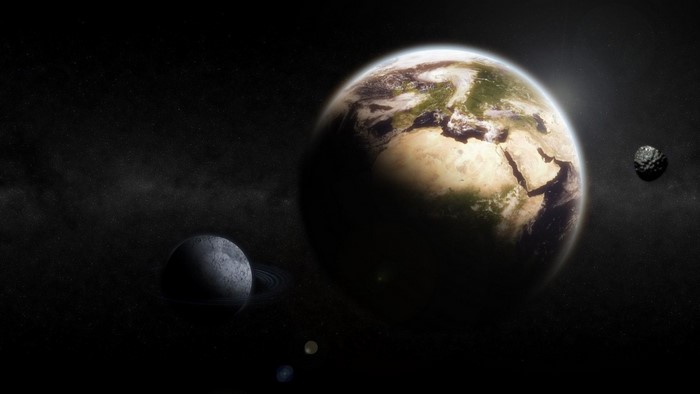 Earth, Moon, and asteroid in space