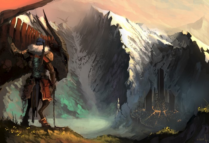 Fantasy art of a warrior with a dragon overlooking a mountain city