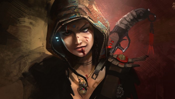 Futuristic woman with a gun and hood