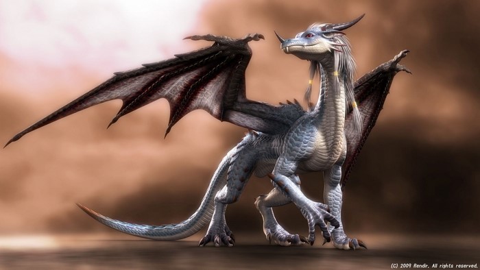 A 3D render of a blue and white dragon with dark wings