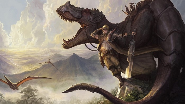 Warrior Standing Beside Armored Tyrannosaurus