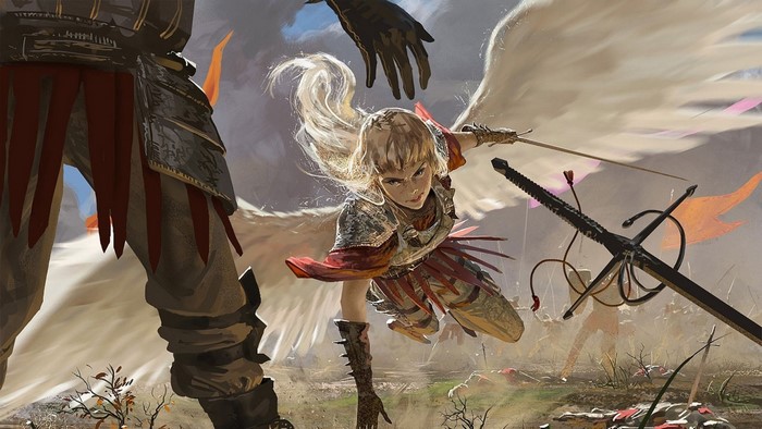 Angel warrior in battle with swords and banners