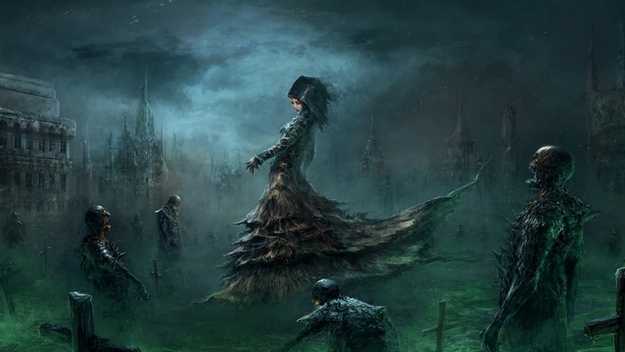 Fantasy art of a hooded figure in a graveyard with zombies