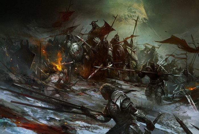 Fantasy warriors in a brutal battle with spears and swords