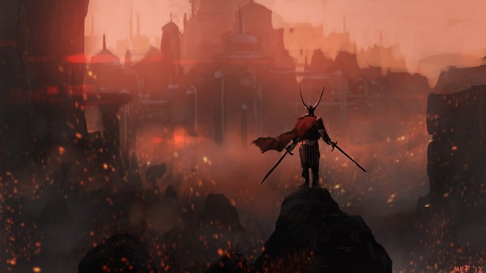 Samurai warrior overlooking a burning city